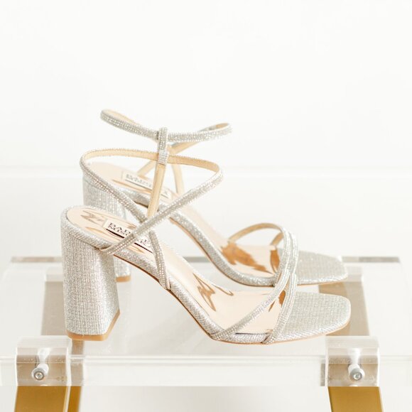 Badgley Mischka Rebekah Platinum Silver Women 8 Block Heel Sandal Fabric - Picture 13 of 14